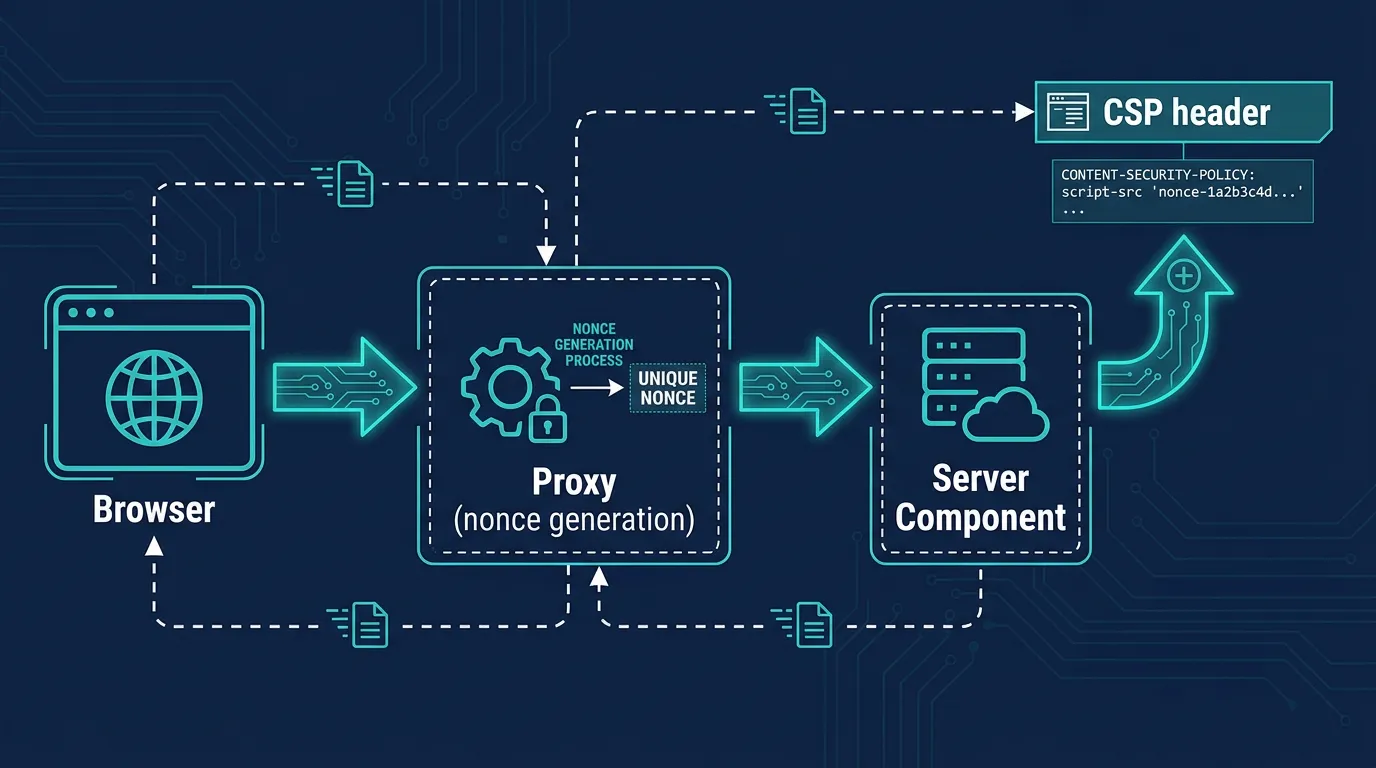 Request flow diagram showing a browser request passing through Next.js proxy which generates a nonce for the Content-Security-Policy header