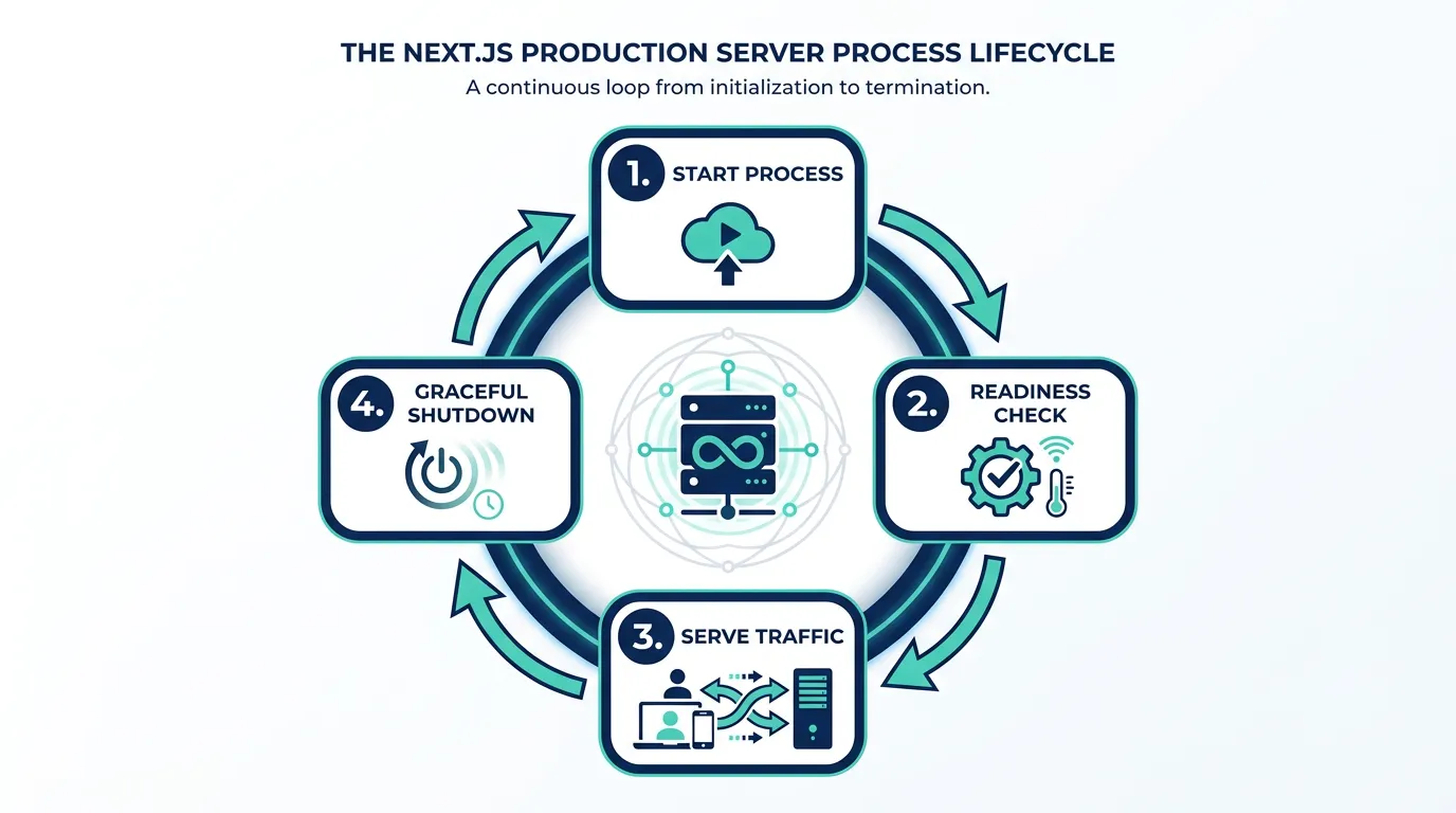 Lifecycle diagram of a Next.js production process: start, readiness check, serve traffic, graceful shutdown