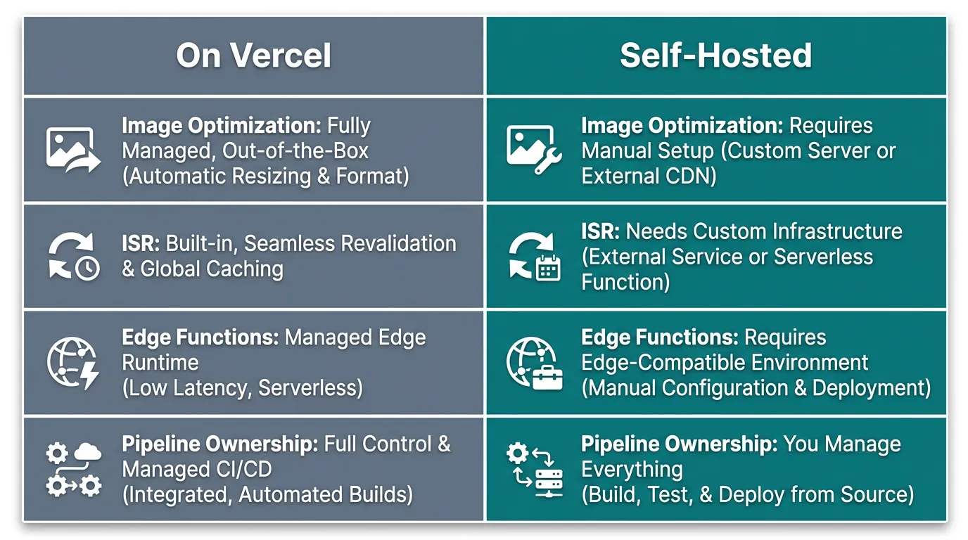 Comparison table of Next.js on Vercel versus self-hosted Next.js across image optimization, ISR, edge functions, and pipeline ownership