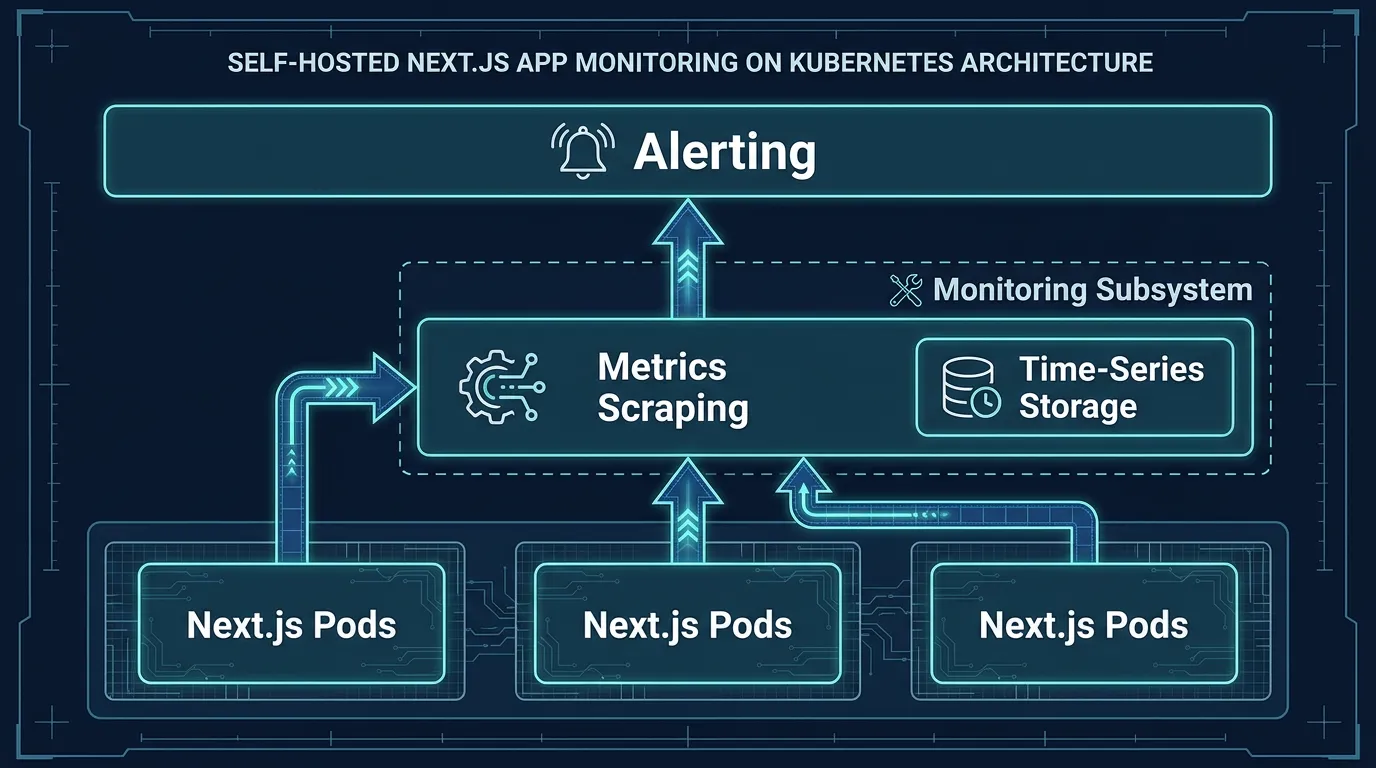 Architecture diagram of Prometheus scraping metrics from Next.js pods in a Kubernetes cluster and feeding an alerting system