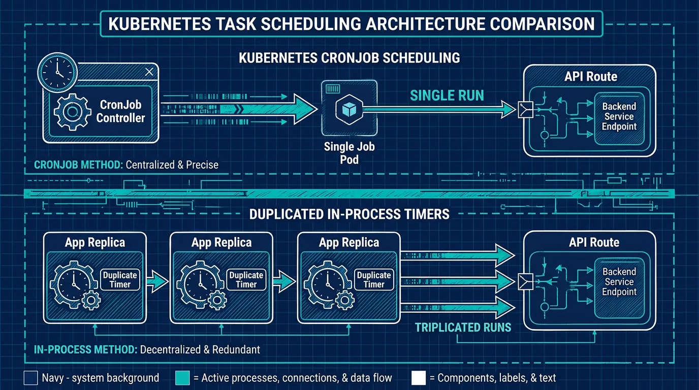 A single Kubernetes CronJob pod calling an API route, contrasted with three app replicas each running a duplicate in-process timer