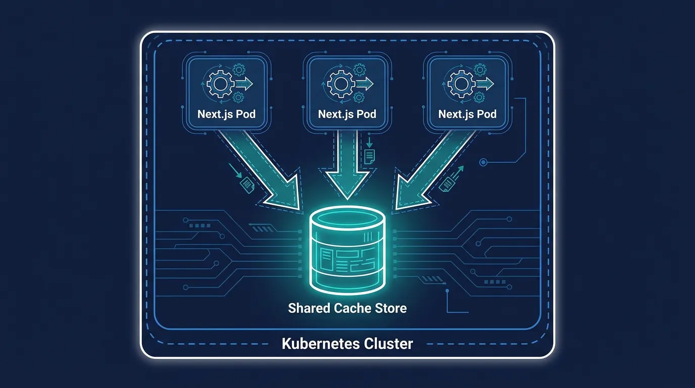 Architecture diagram of multiple Next.js pods sharing one Redis-backed cache store inside a Kubernetes cluster