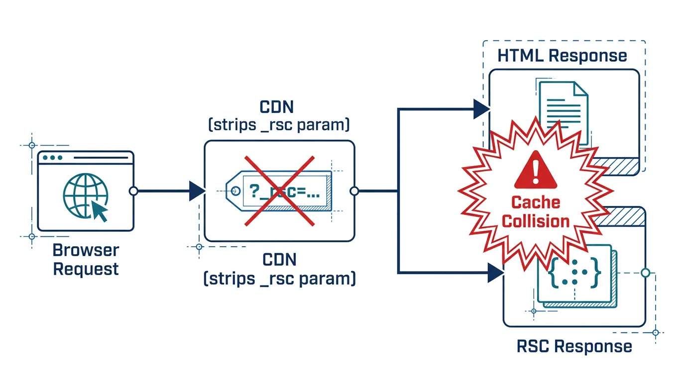 Request flow diagram showing a CDN stripping the _rsc parameter and causing a cache collision
