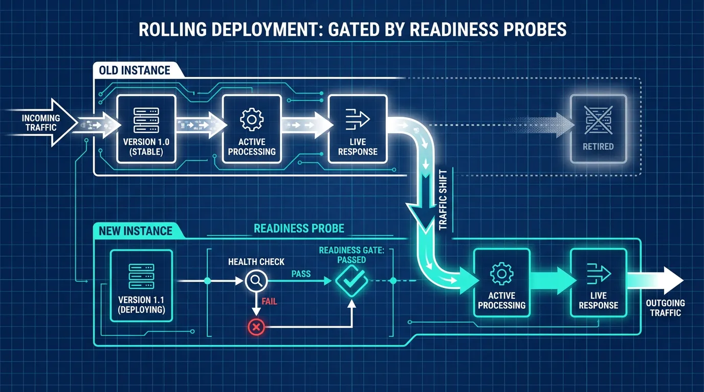 Sequence diagram of a rolling deployment where new instances only receive traffic after passing a readiness probe