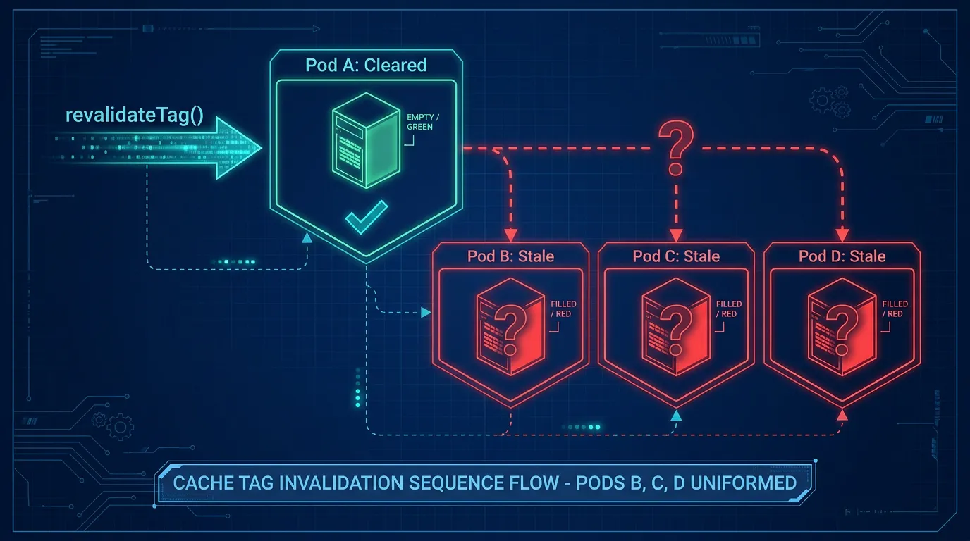 Sequence diagram of revalidateTag clearing Pod A's cache while Pods B, C, and D still serve stale content