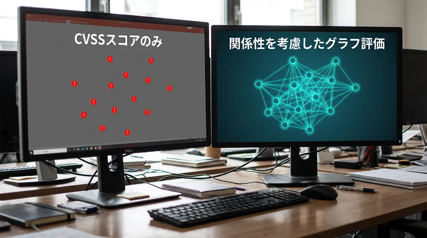 比較図: 左側に孤立した脆弱性の点(CVSSスコアのみで評価)、右側に脆弱性同士が線でつながったネットワーク(到達可能性…