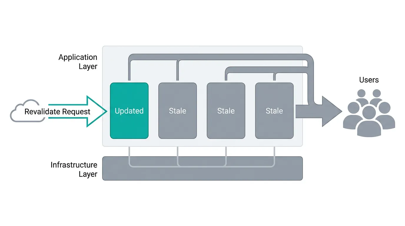 Diagram showing a revalidation request updating only one server instance while three other instances keep serving stale cached pages to users