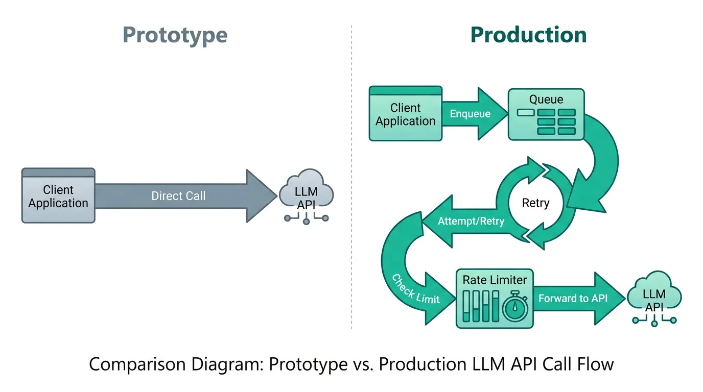Comparison of a simple prototype LLM API call versus a production setup with rate limiting, retries, and a queue