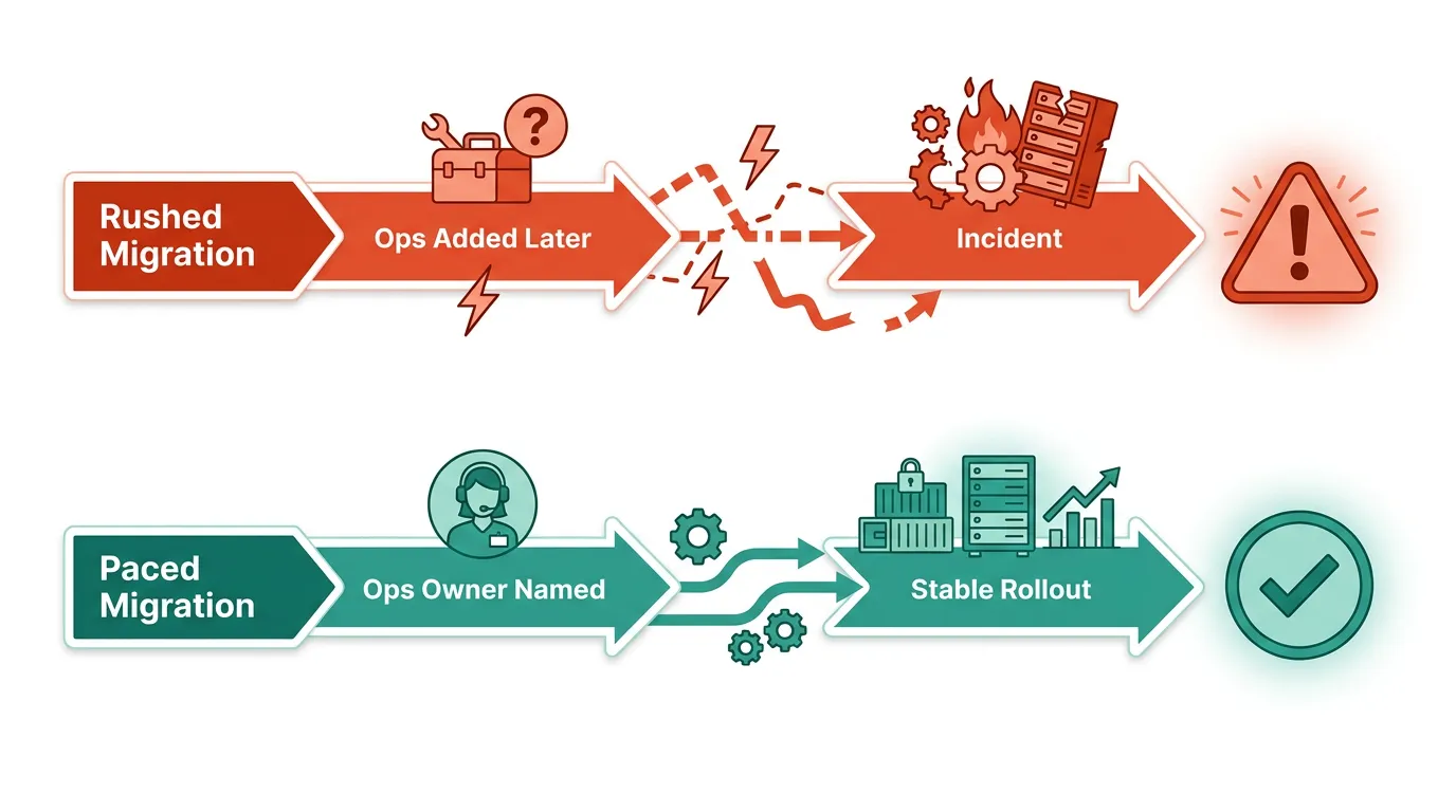 Timeline comparing a rushed Kubernetes migration that ends in an incident with a paced migration that ends in a stable rollout