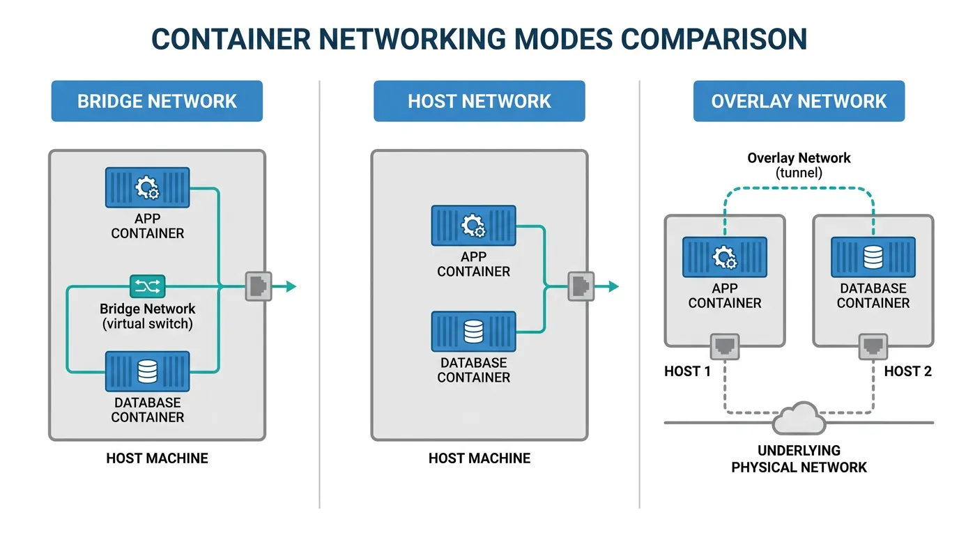 Comparison of bridge, host, and overlay container networking modes for a self-hosted app and database