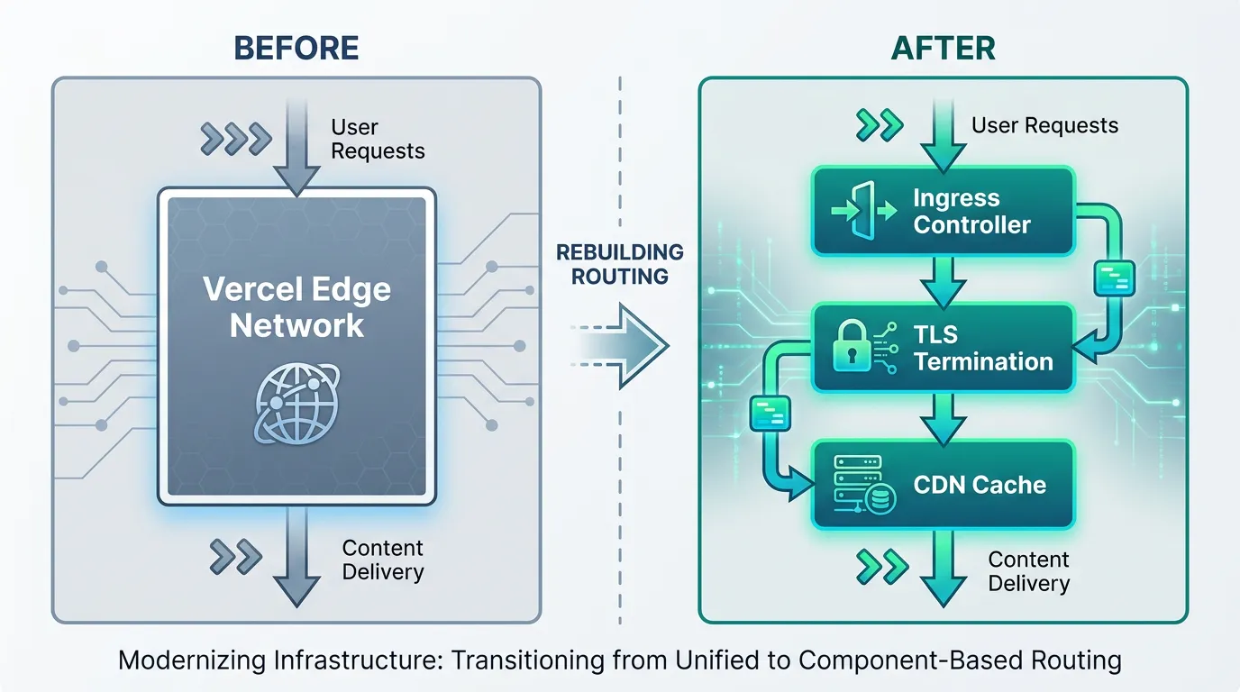 Before and after comparison of Vercel's edge network versus a self-hosted ingress controller, TLS termination, and CDN cache stack