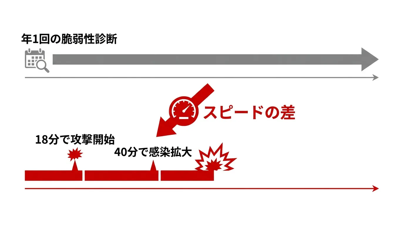 タイムライン図: 年1回の脆弱性診断のサイクルと、攻撃が成立するまでの18分・28分・40分という短い時間軸を並べて対比