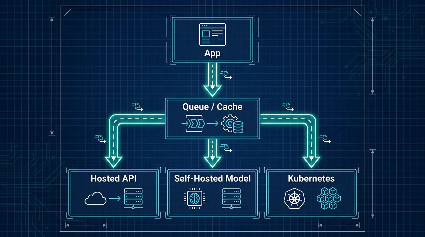 Diagram of requests fanning out through a queue and cache layer to hosted and self-hosted LLM backends on Kubernetes