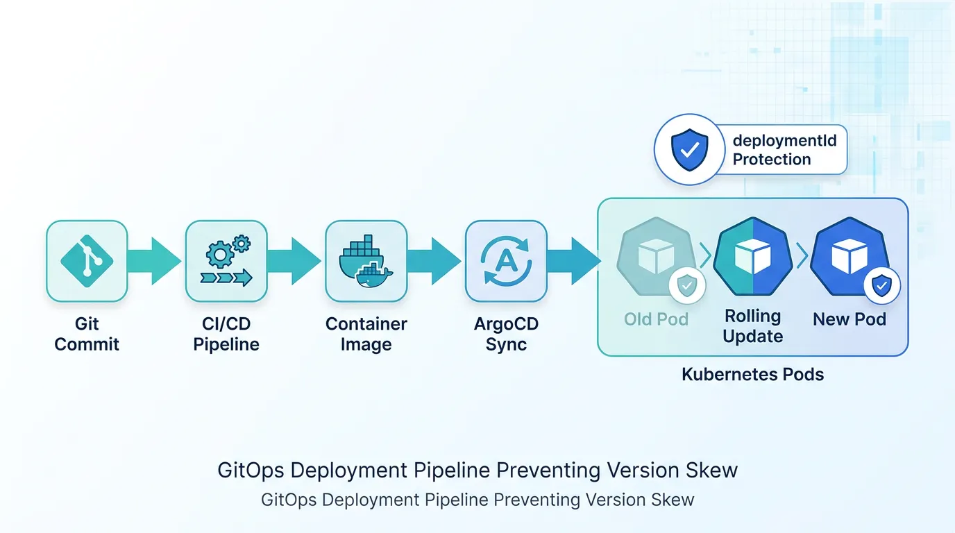 Flow diagram showing a Git commit moving through CI/CD, ArgoCD, and a Kubernetes rolling deploy protected by deploymentId
