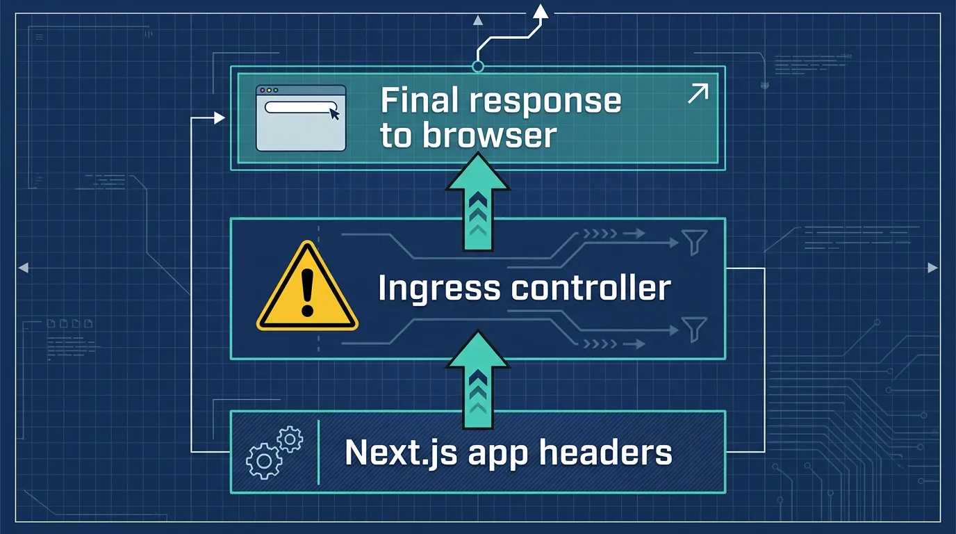 Layered diagram showing Next.js app headers, Kubernetes ingress, and the final response reaching the browser