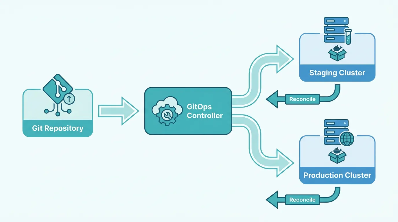 Git repository as the source of truth with a GitOps controller reconciling staging and production clusters to the same image