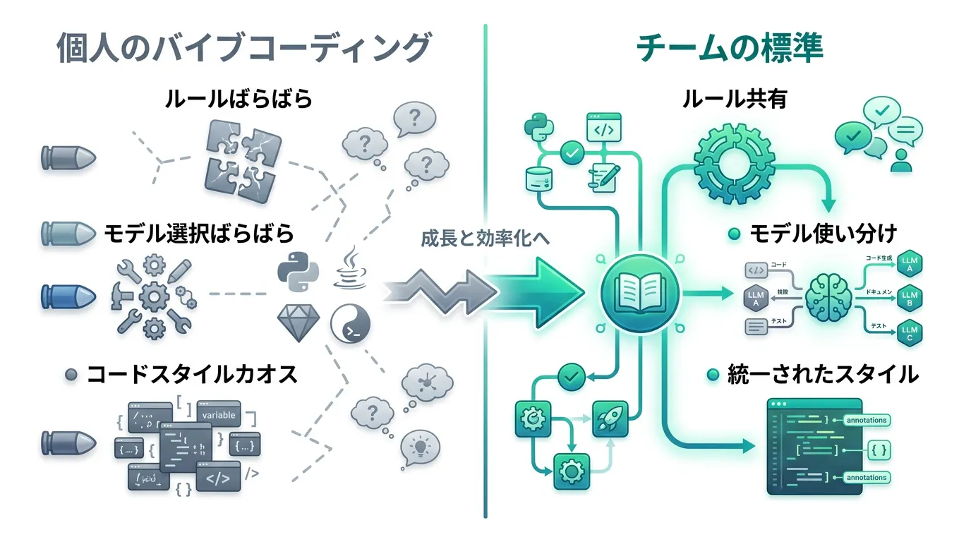 比較図: 左に「個人のバイブコーディング」(ルールばらばら・モデル選択ばらばら・機密情報管理なし)、右に「チームの標準」…