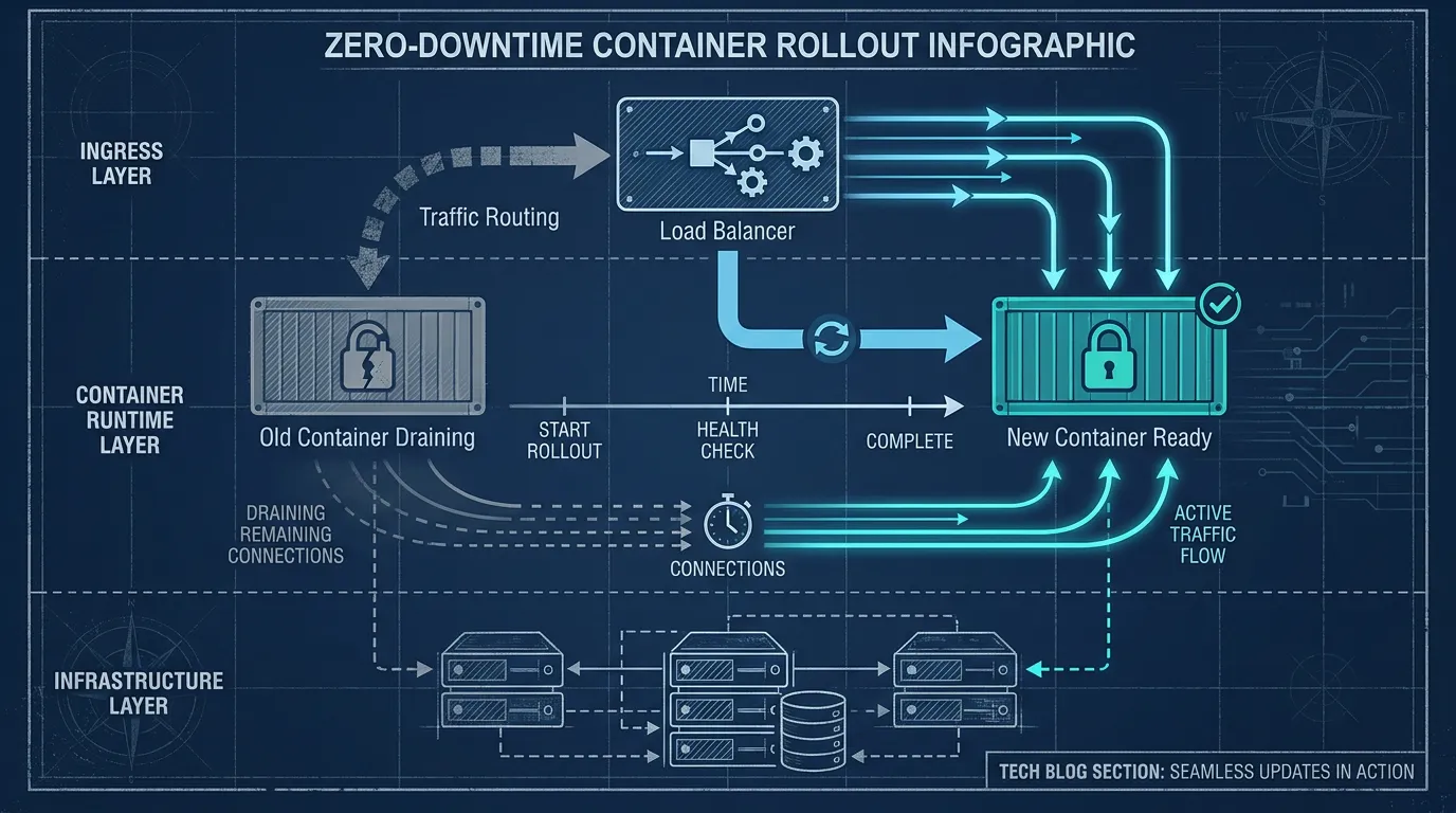 Old container draining connections while a new ready container receives load balancer traffic
