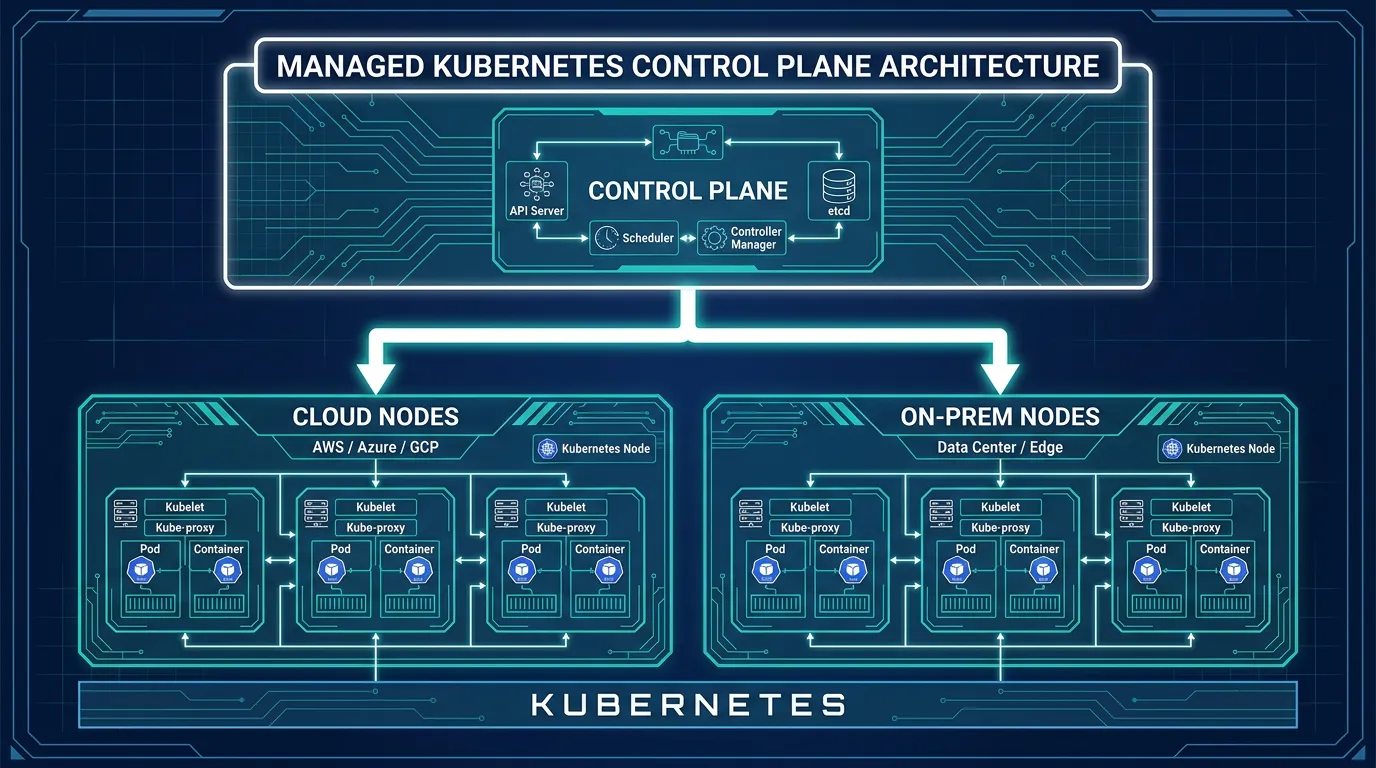 Architecture diagram of a single Kubernetes control plane managing both cloud and on-prem nodes