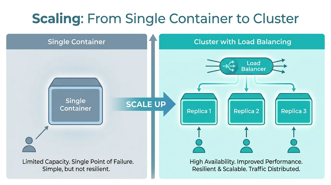 Diagram comparing a single container to a load-balanced cluster of replicas