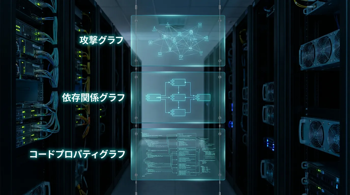 階層図: 上から「攻撃グラフ(資産間の到達可能性)」「依存関係グラフ(外部コンポーネントとの関係)」「コードプロパティグ…