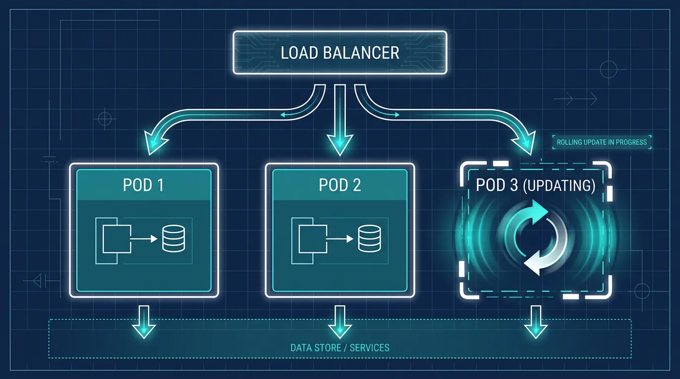 Architecture diagram of a load balancer routing traffic to multiple Next.js pods during a rolling update