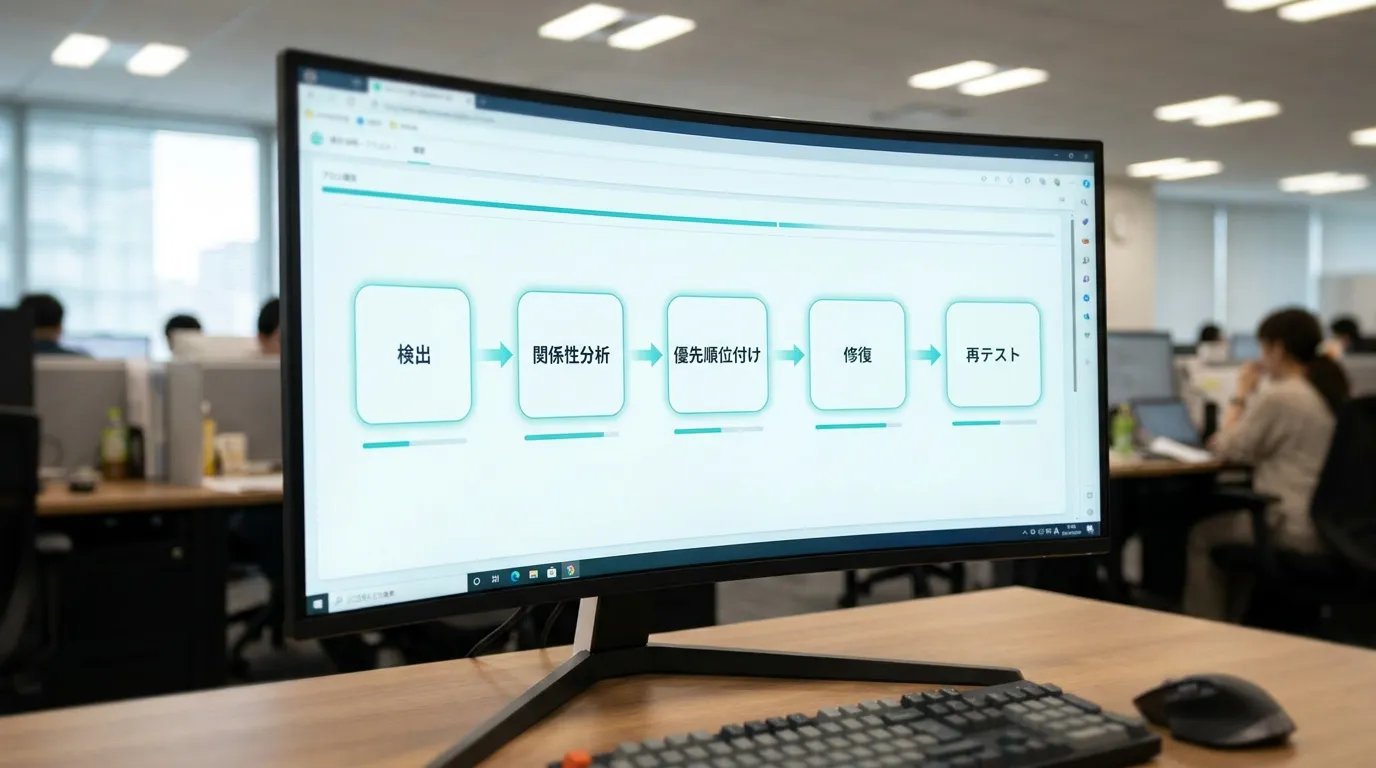 フローチャート: 検出 → グラフによる関係性分析 → 優先順位付け → 修復 → 再テストの5ステップを矢印でつなぐワ…