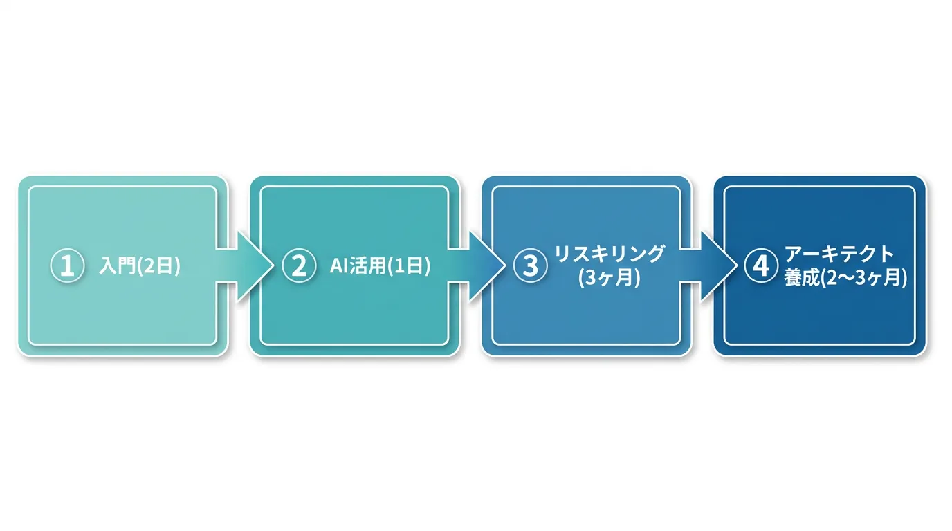 段階別ロードマップ図: 「入門(2日)」→「AI活用(1日)」→「リスキリング(3ヶ月)」→「アーキテクト養成(2〜3ヶ…