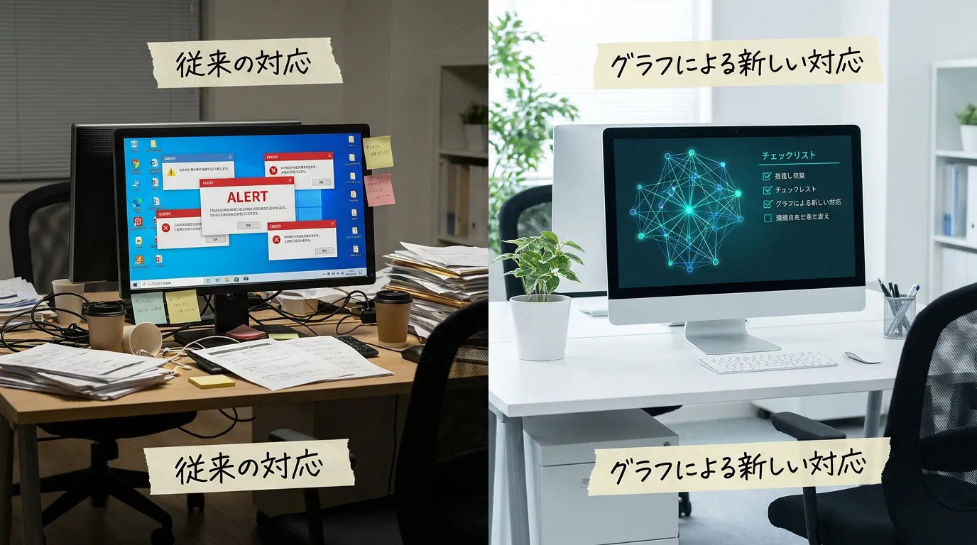 ビフォーアフター比較図: 左「脆弱性を1件ずつ潰す従来の対応(山積みのアラート)」、右「グラフで関係性を可視化し危険な経…