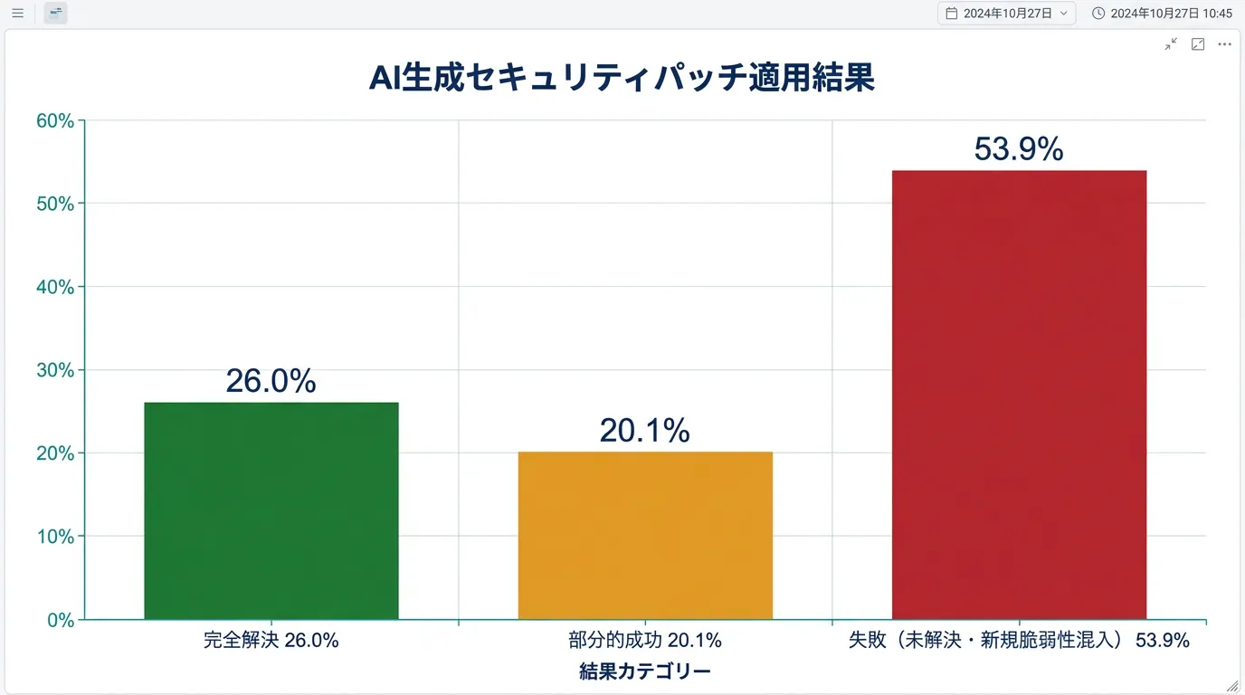 棒グラフ: 1Passwordの調査によるAI生成パッチの結果内訳(完全解決26.0%、部分的成功20.1%、失敗53.…