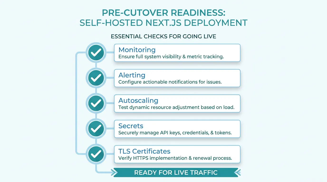 Checklist of pre-cutover readiness items: monitoring, alerting, autoscaling, secrets, and TLS certificates